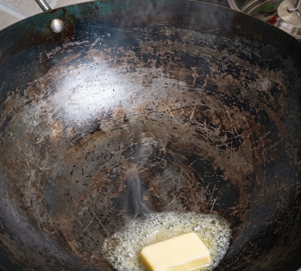 A raw steak being placed into a wok with sizzling, melting butter.