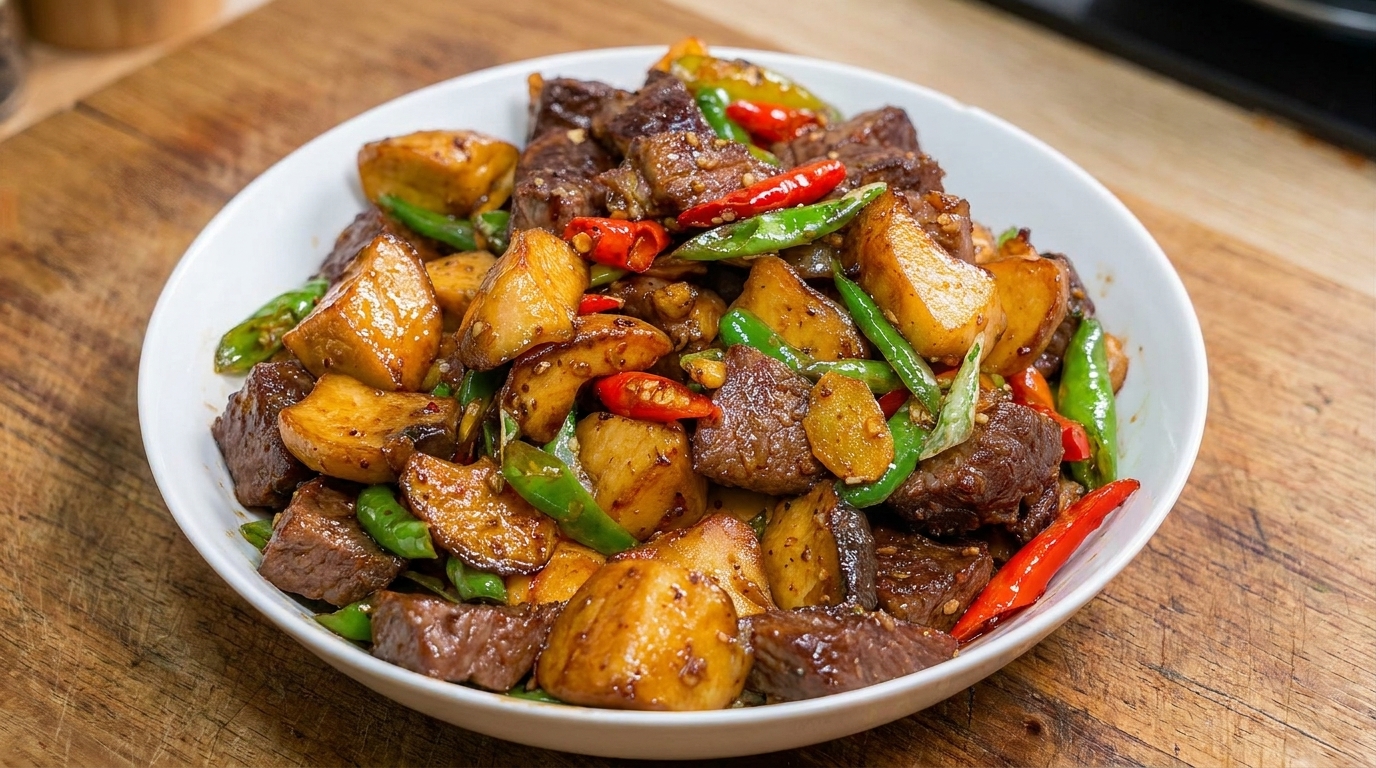 Stir-fried Steak with King Oyster Mushrooms and Peppers