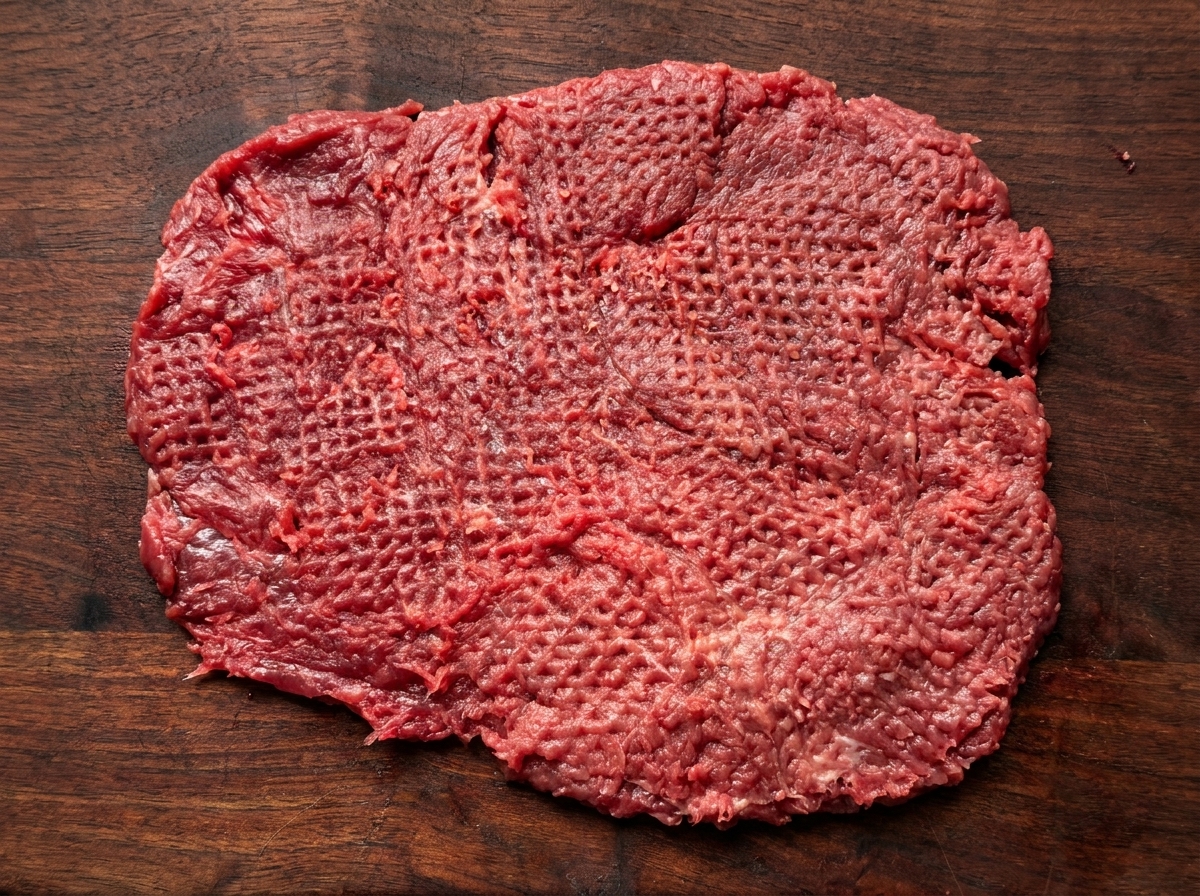 A raw beef slice being pounded with a meat tenderizer on a wooden cutting board.