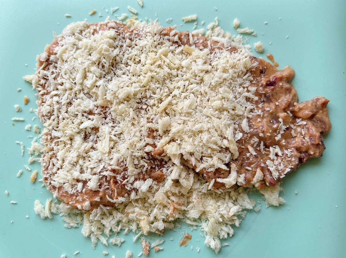 Batter-coated beef being covered with breadcrumbs on a flat surface.