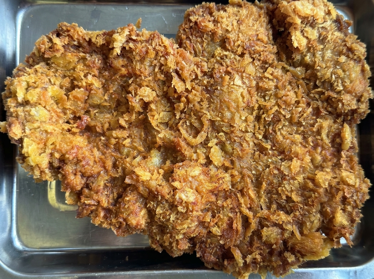A golden-brown fried beef cutlet on a metal tray, being drizzled with mint yogurt and honey mustard sauces.
