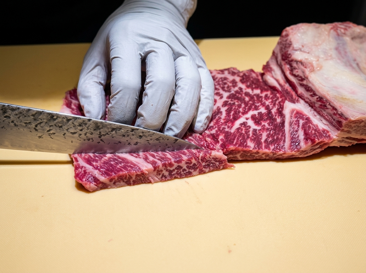 A raw beef short rib slab showing a clear crosshatch scoring pattern on its surface.