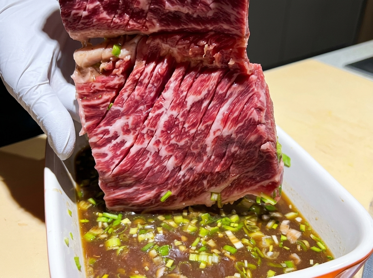 A piece of scored raw beef being placed into a tray of dark marinade mixed with green scallions.