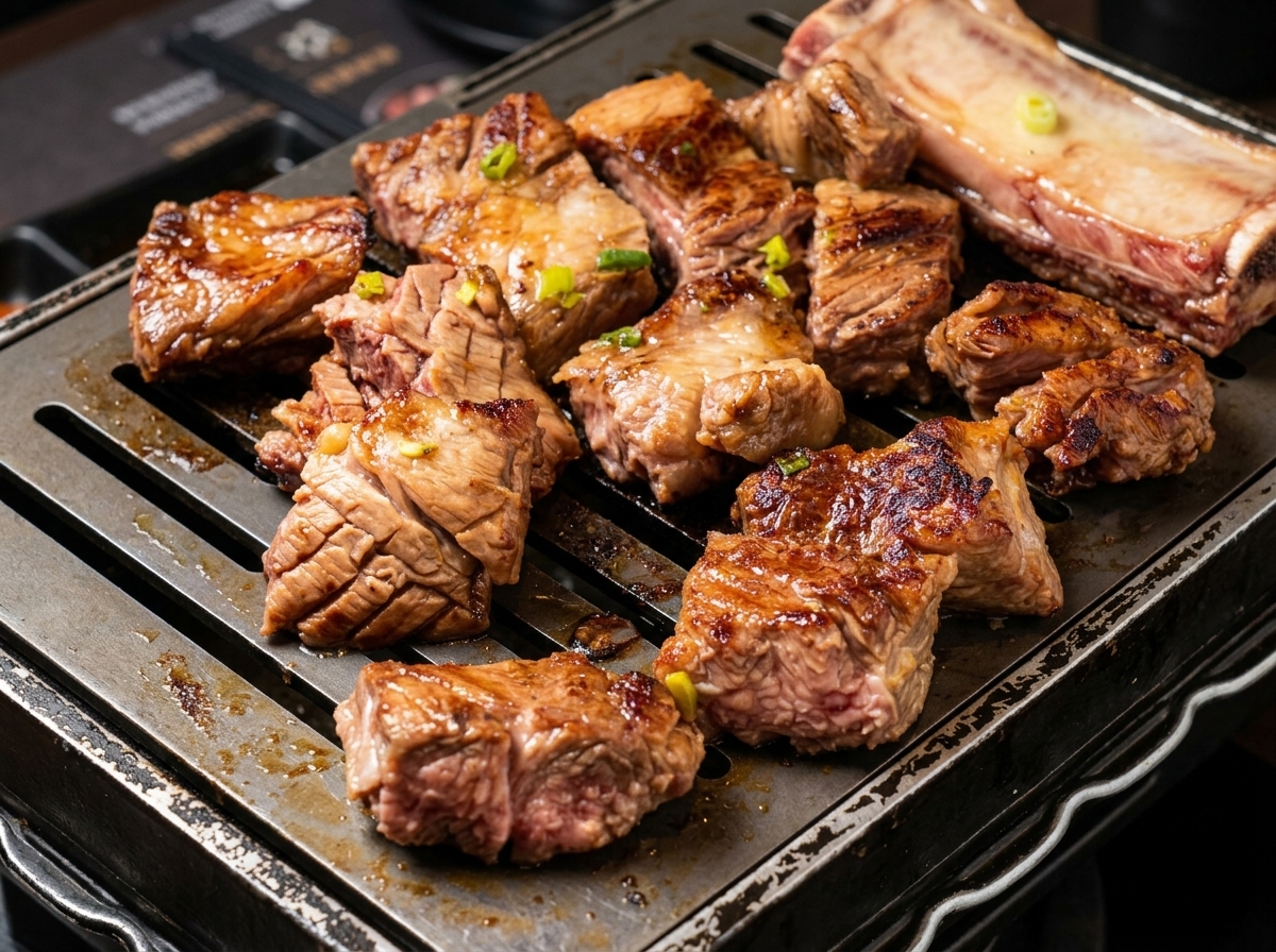 Small pieces of marinated beef browning and caramelizing on a grill pan, being turned with metal tongs.