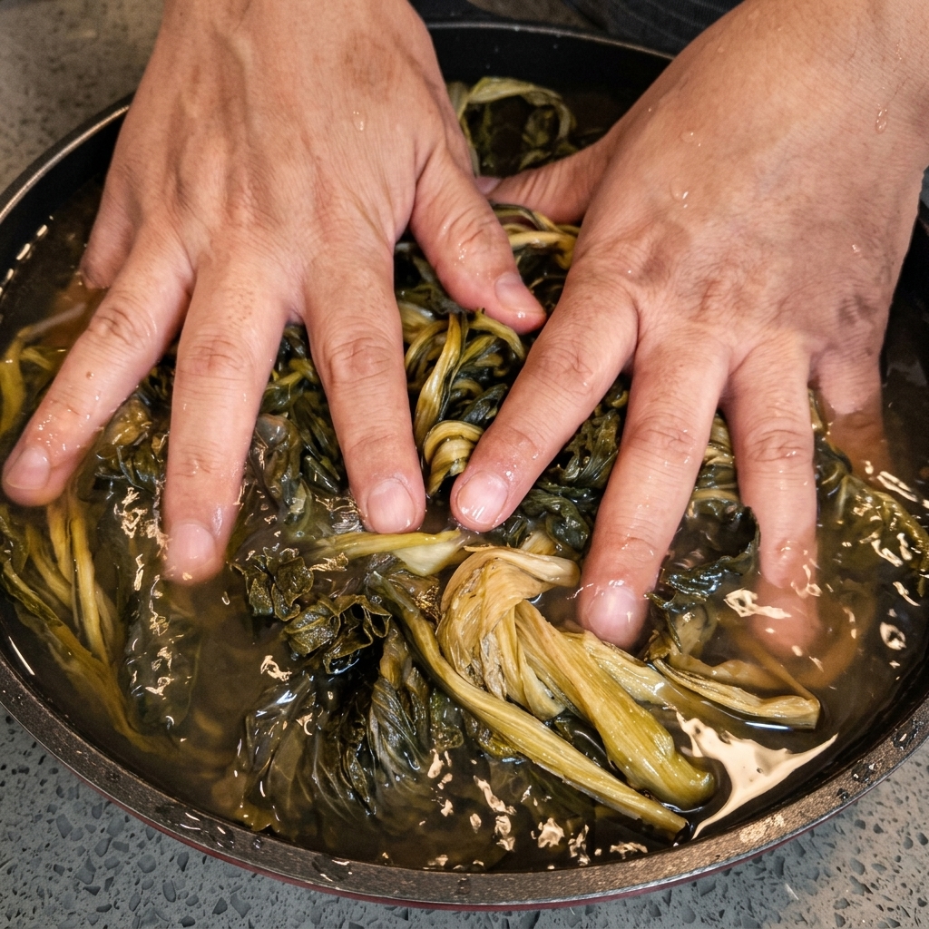 Hands massaging dark, rehydrating cabbage leaves in a pan filled with water.