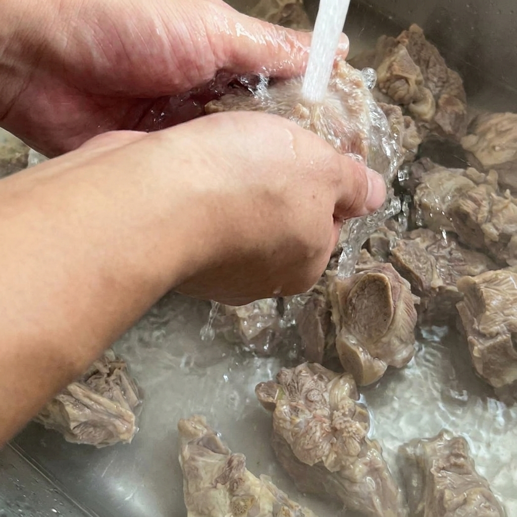 A parboiled pork bone being rinsed under a faucet in a stainless steel sink.