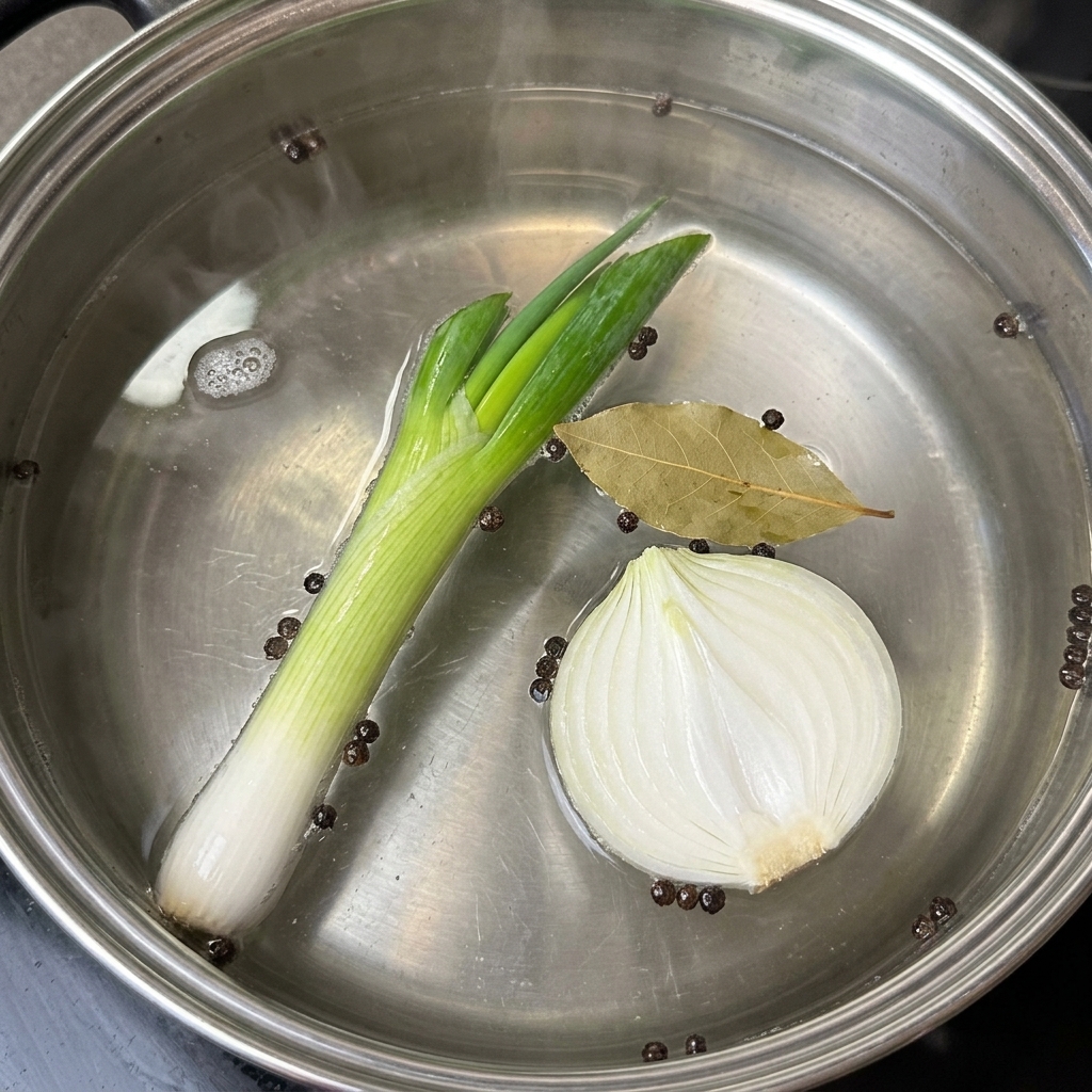 A spoonful of thick brown Korean soybean paste being submerged into the simmering pork bone broth.