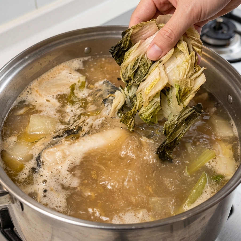 Chopped, rehydrated cabbage leaves being dropped into the boiling bone broth.