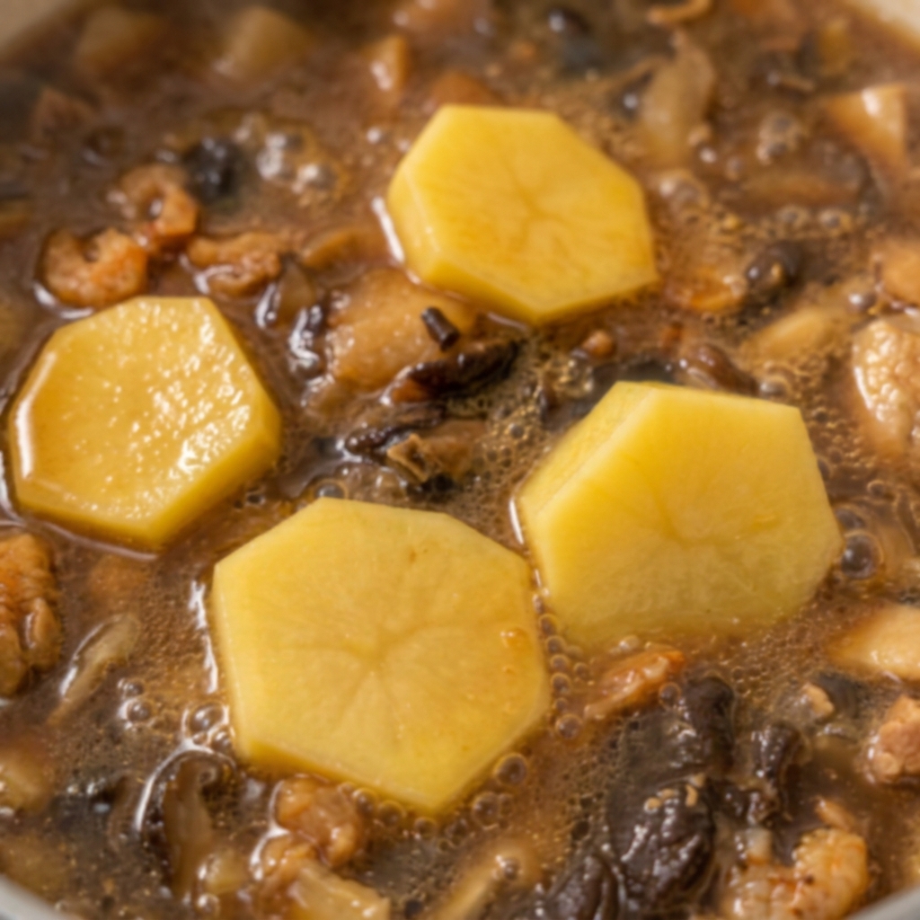 Large, peeled yellow potato chunks being placed into the boiling soup.
