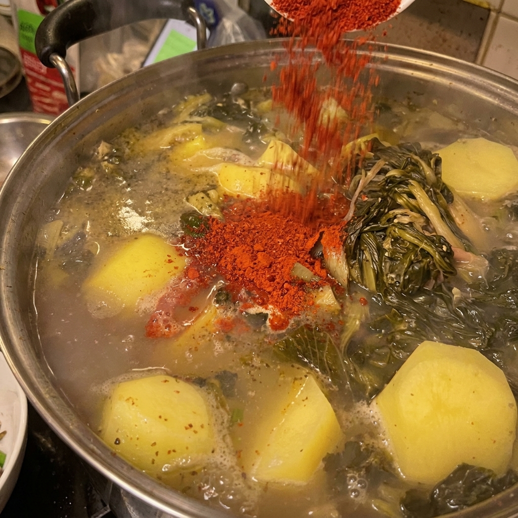 Bright red chili powder being poured over the simmering potatoes and meat in the large pot.