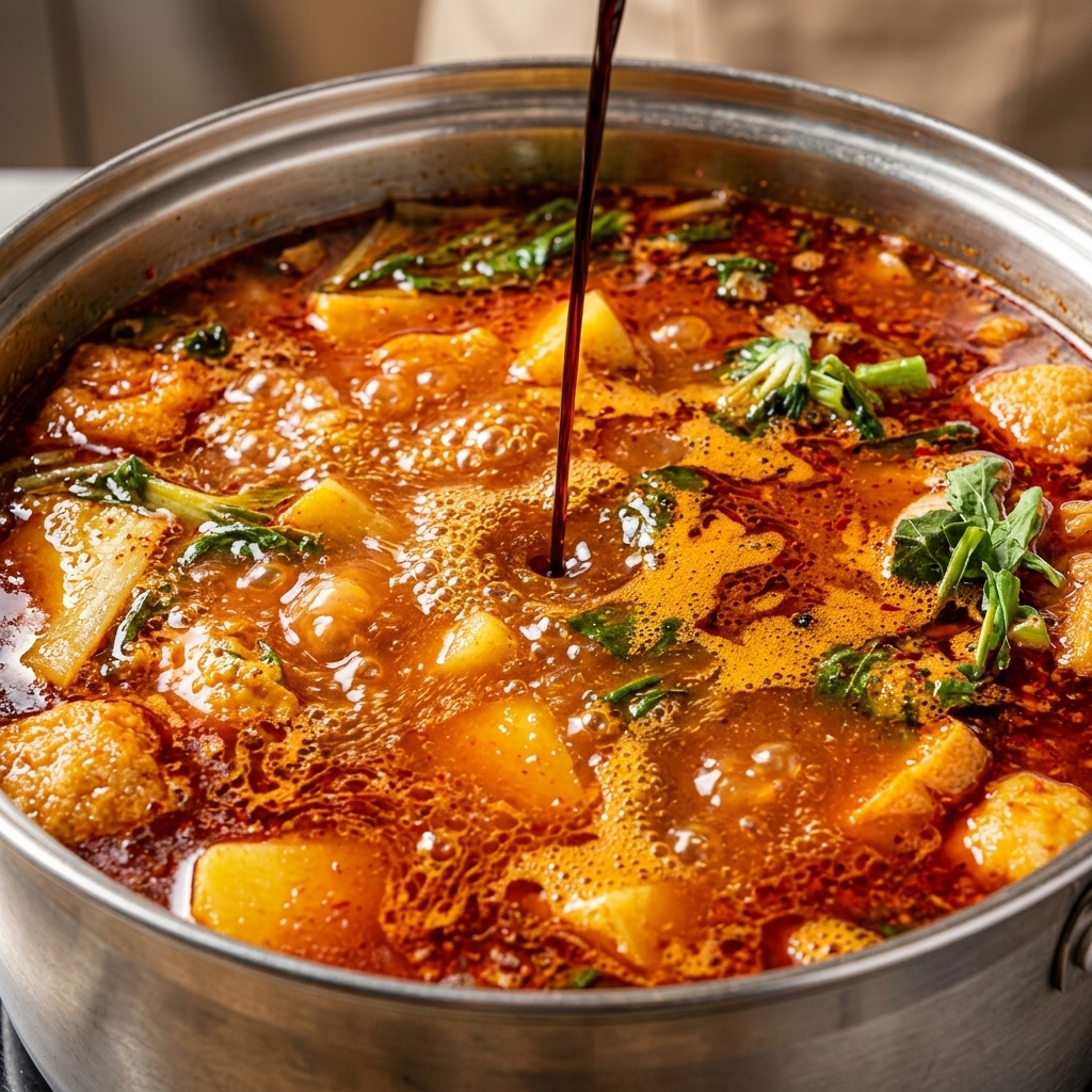 A ladle pouring a dark, savory soy-based sauce into the large pot of boiling red pork bone and potato soup.