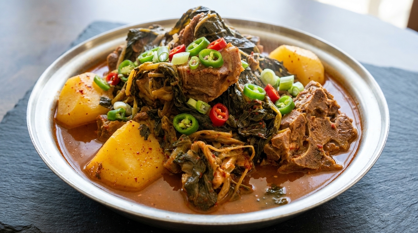A hearty pot of spicy Korean Gamjatang, featuring tender pork spine bones, potatoes, and leafy greens.