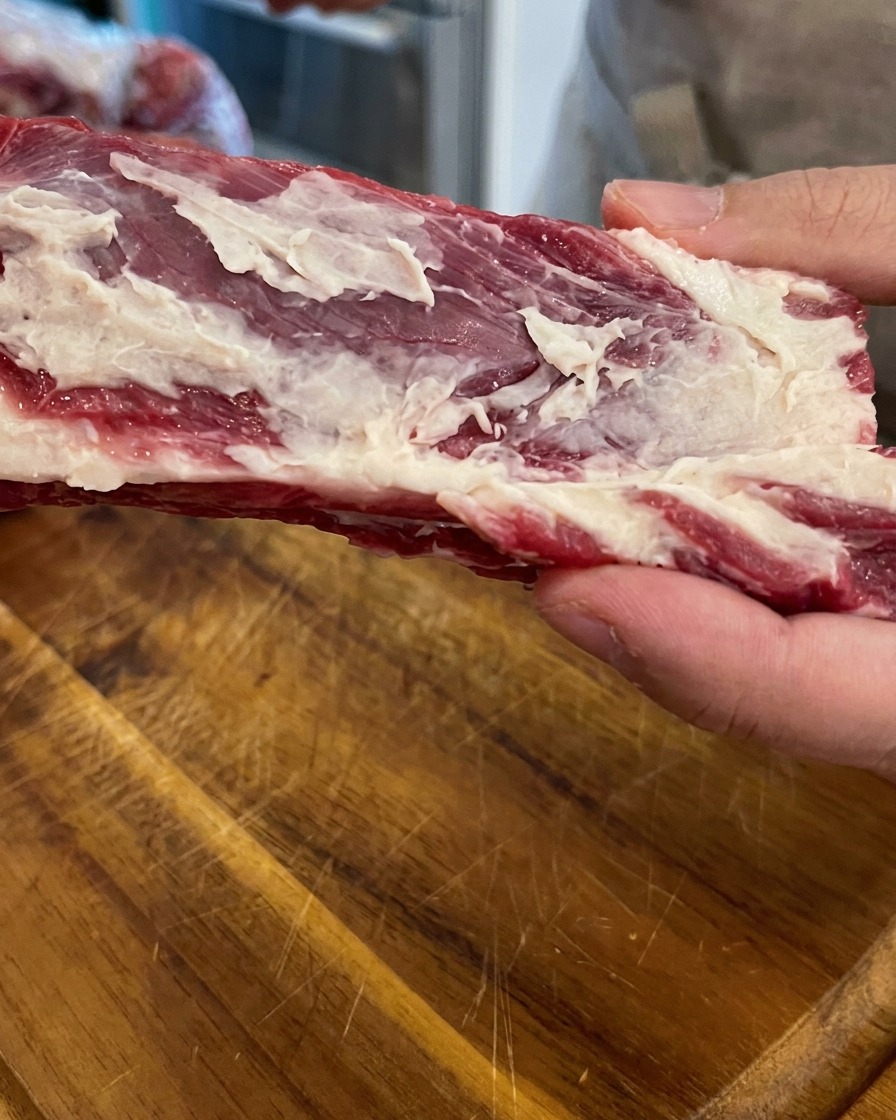 Hands holding a piece of raw bone-in beef short rib showing marbling and white fat against a wooden surface.