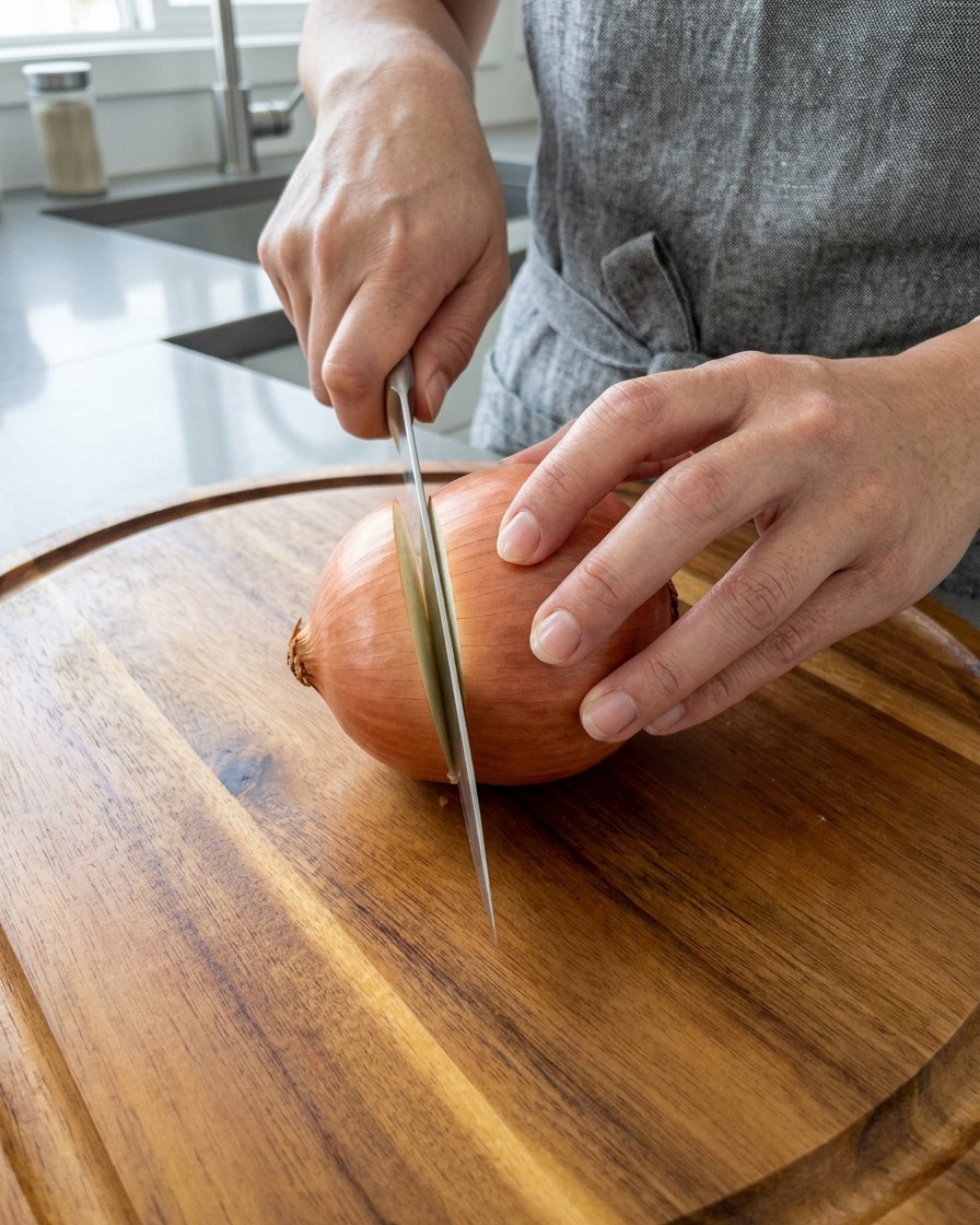 Hands using a chefs knife to slice an unpeeled sweet onion in half on a round wooden cutting board.
