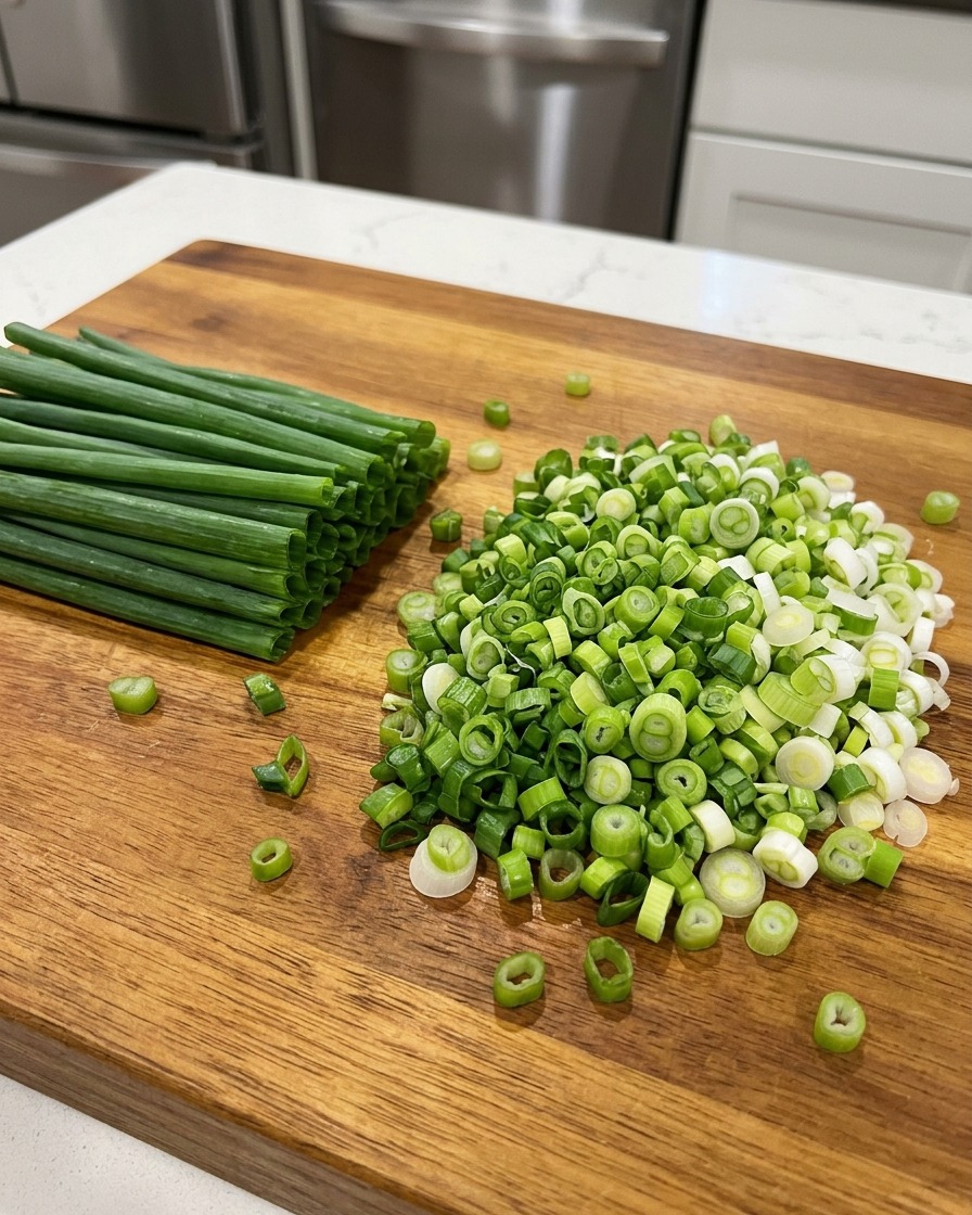 A pile of finely chopped green onions on a wooden cutting board next to the remaining stalks.