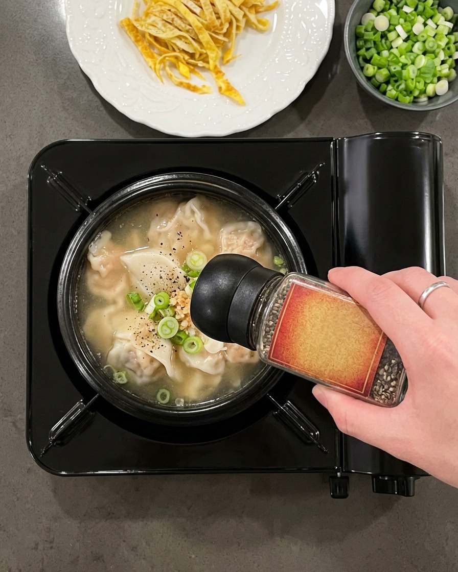 A pepper mill grinding fresh black pepper into a boiling, clear beef soup inside a stone pot.