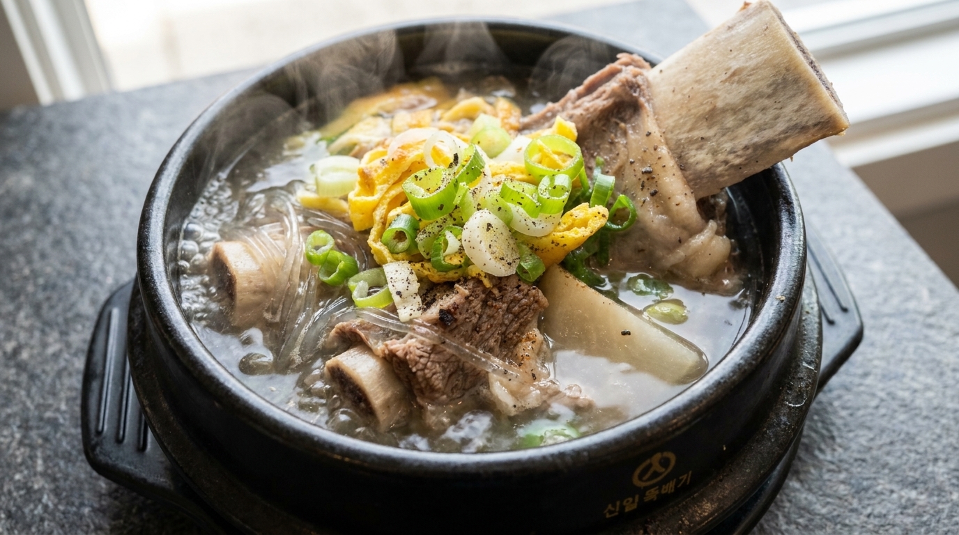 A steaming, traditional stone pot of Galbitang, showcasing succulent beef short ribs, vibrant green onions, and delicate egg garnish.