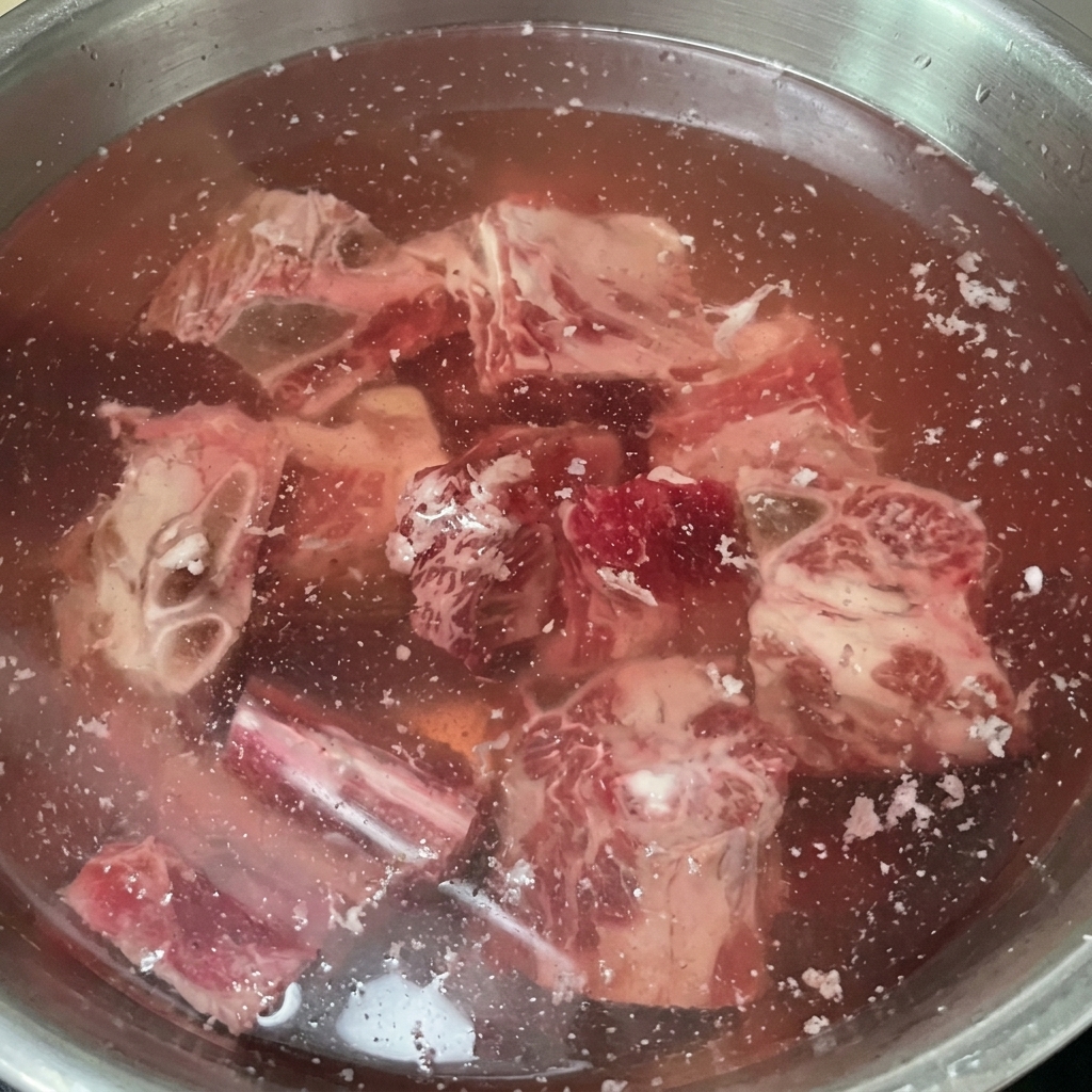 Beef short ribs submerged in a bowl of water, with the water turning a reddish hue as blood is drawn out.