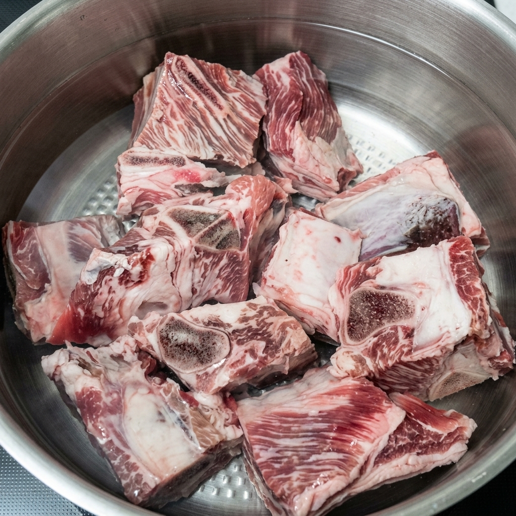 Beef short ribs being rinsed in a stainless steel colander under a stream of cold water.