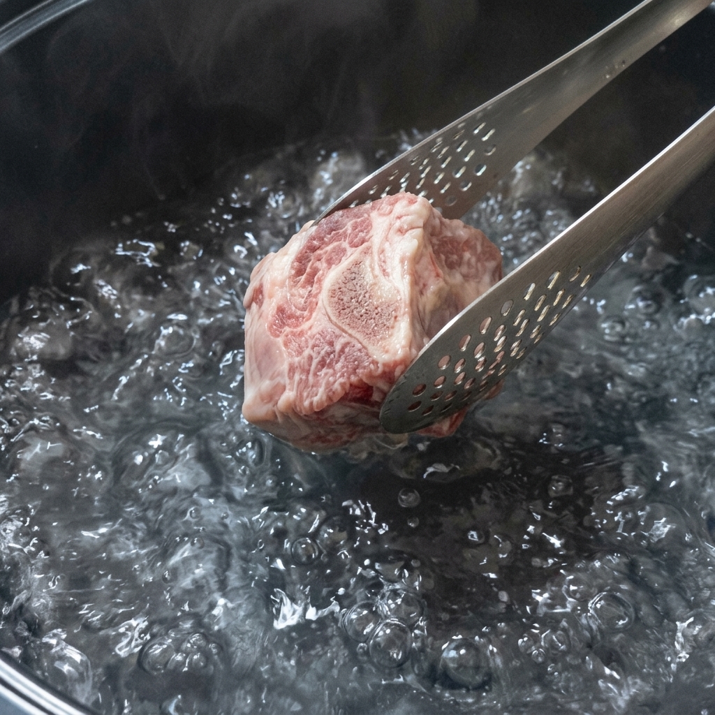 A single beef short rib being held by metal tongs over a pot of vigorously boiling water.