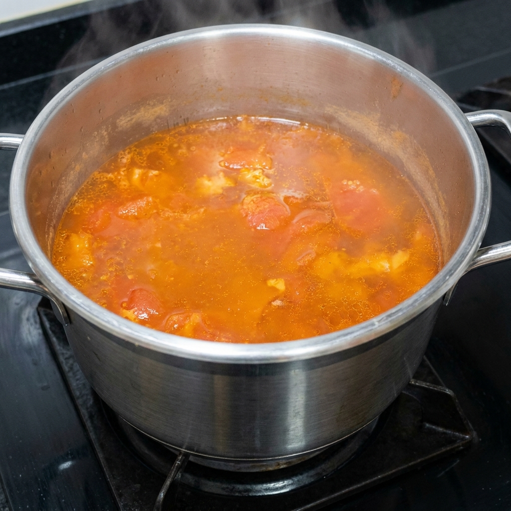 A ladle stirring the seasoned tomato beef rib soup in the pressure cooker pot, showing the finished, rich red broth.