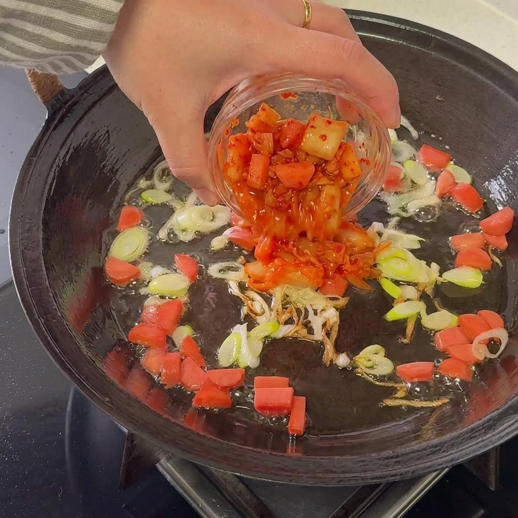Chopped kimchi being added to the pan with sautéed sausage and green onions, blending together over high heat.
