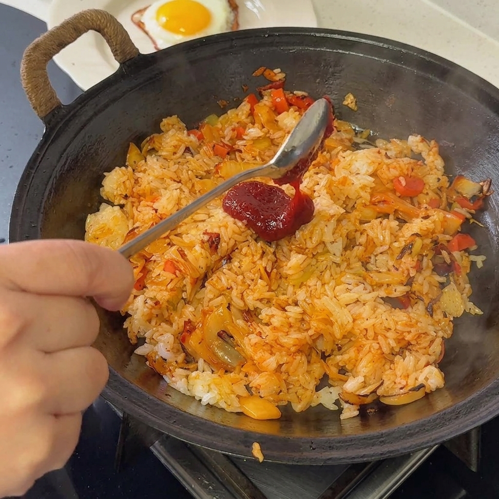 Korean chili paste being spooned into a pan of stir-fried rice and kimchi mixture.