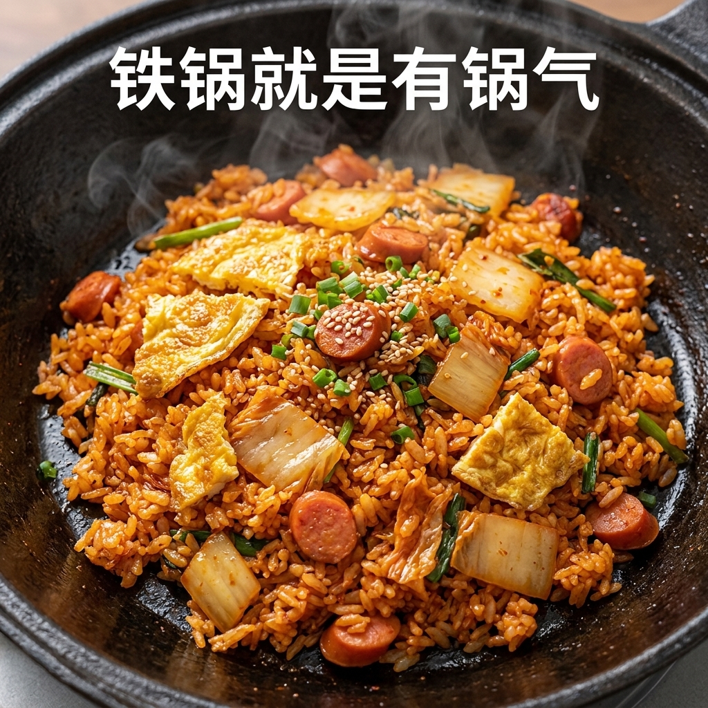 A pan full of vibrant, seasoned kimchi fried rice being stirred with a spatula over high heat.