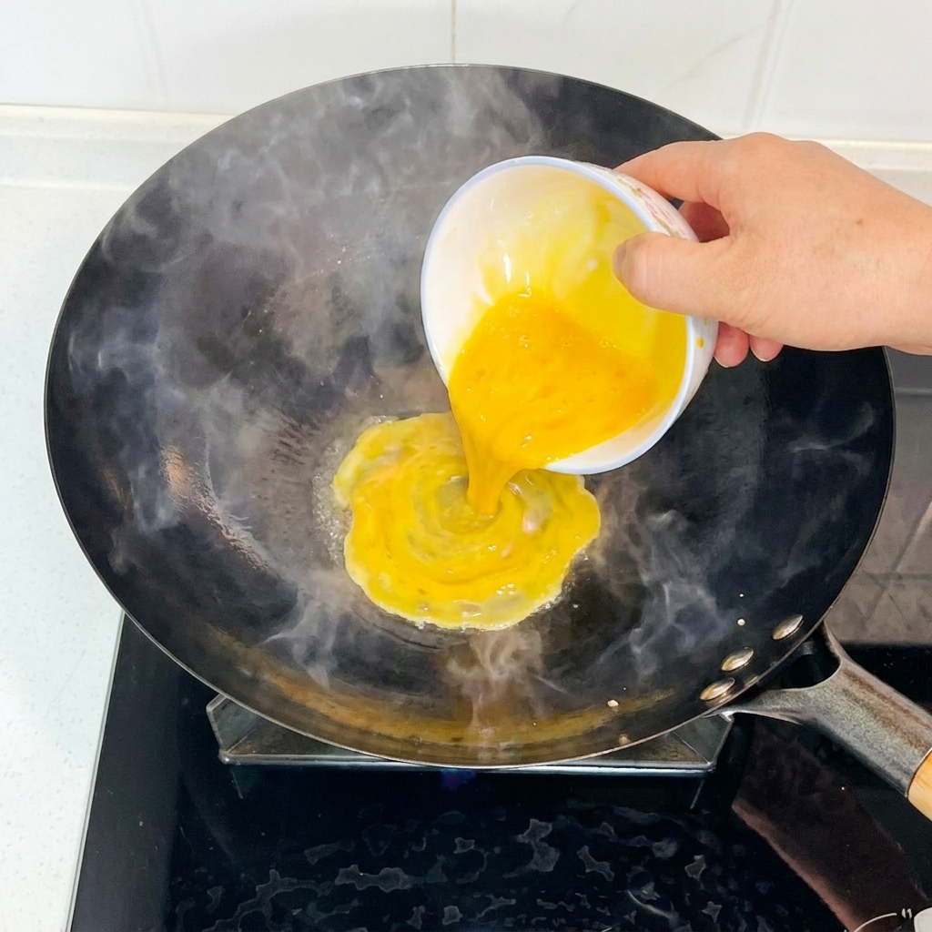 Pouring beaten eggs from a small bowl into a hot, smoking wok.