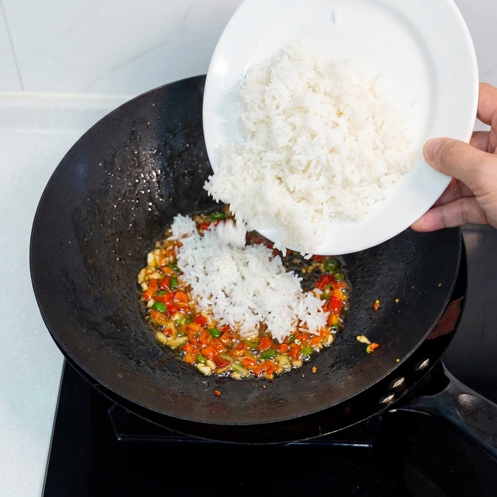 Adding a plate of cooked white rice into a wok with stir-fried aromatics.