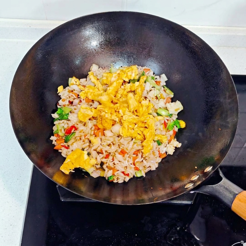 Scrambled eggs being added to the rice mixture in the wok.