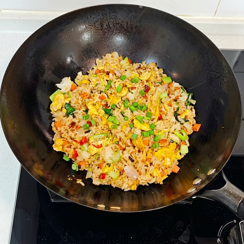 Green onions being mixed into the finished kimchi fried rice in the wok.