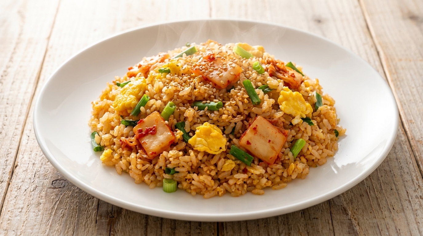 Golden, savory kimchi egg fried rice, garnished with fresh green onions and sesame seeds.