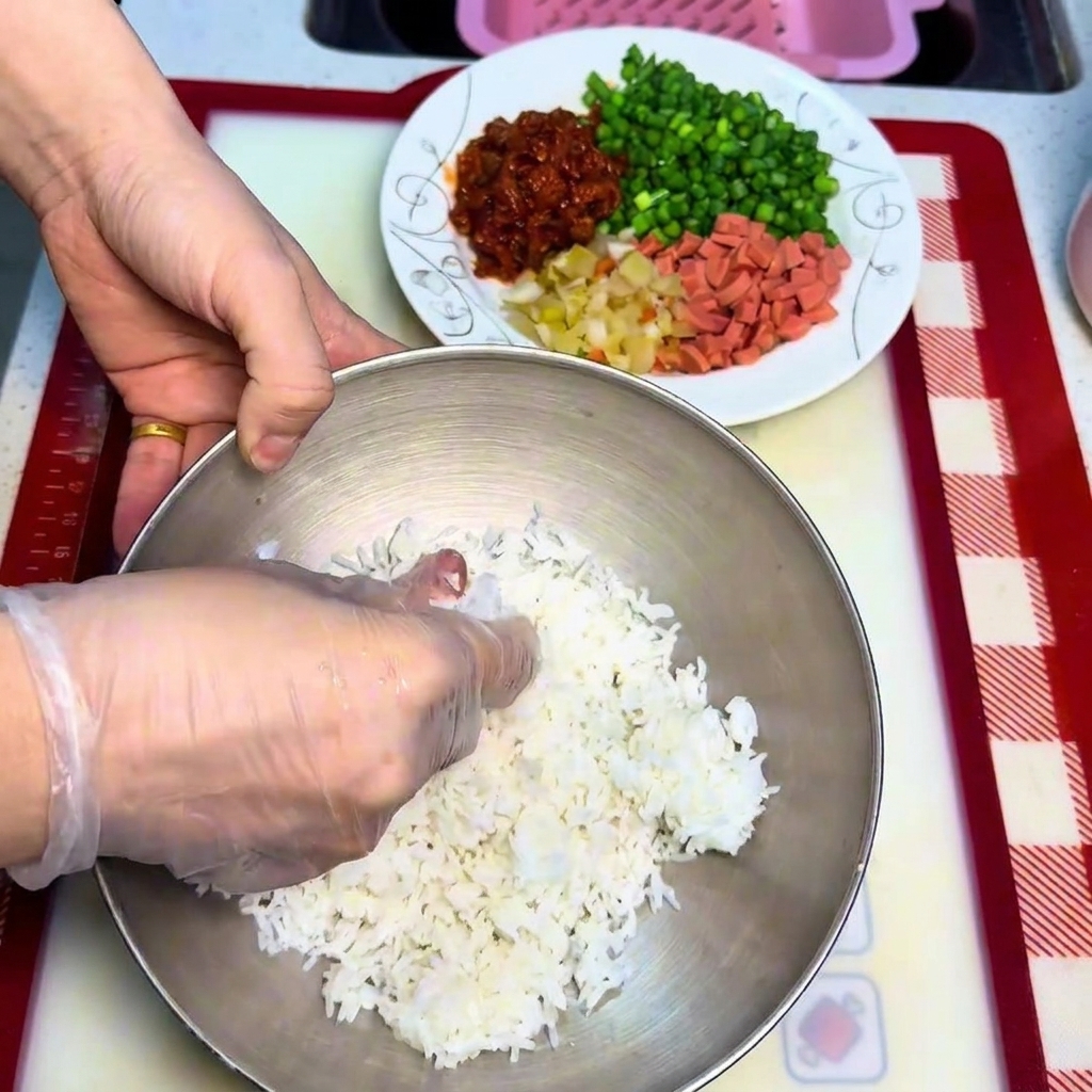 Close-up of gloved hands breaking apart a mound of cooked white rice in a metal mixing bowl.