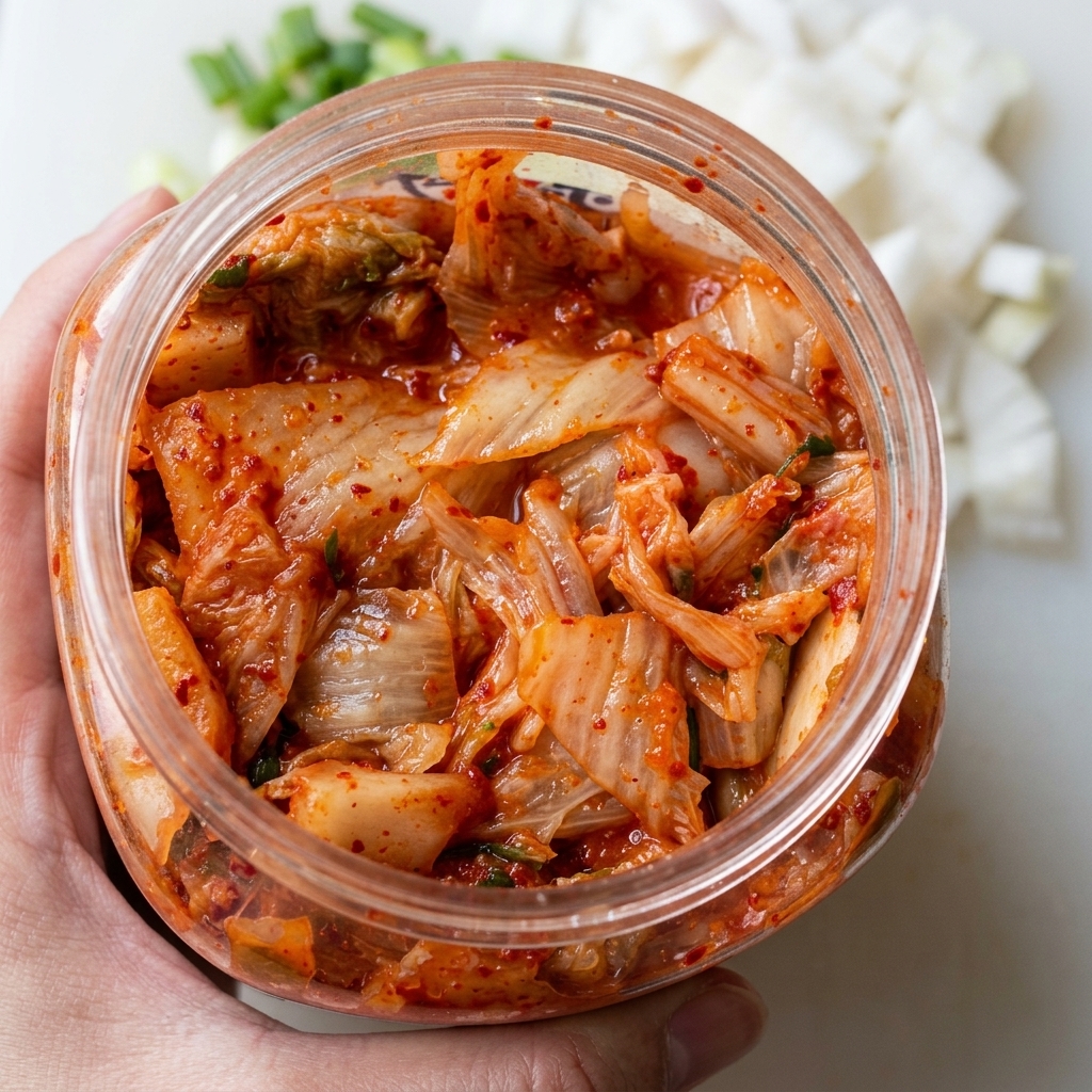 A top-down view of the sauce ingredients—kimchi, gochujang, soy sauce, sugar, and mayo—gathered in a white bowl.