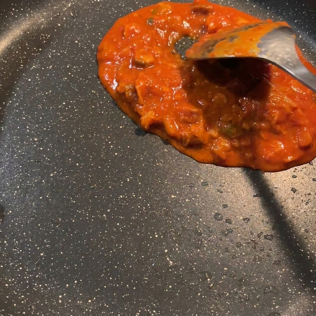 The red, savory sauce sizzling in the pan, mixing with the rendered fat from the fried spam.