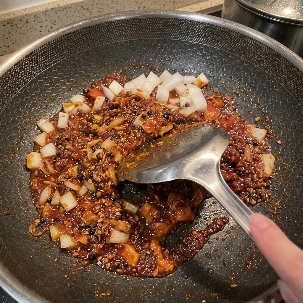 A pan filled with browned spam, onions, and the vibrant red sauce being stirred together.