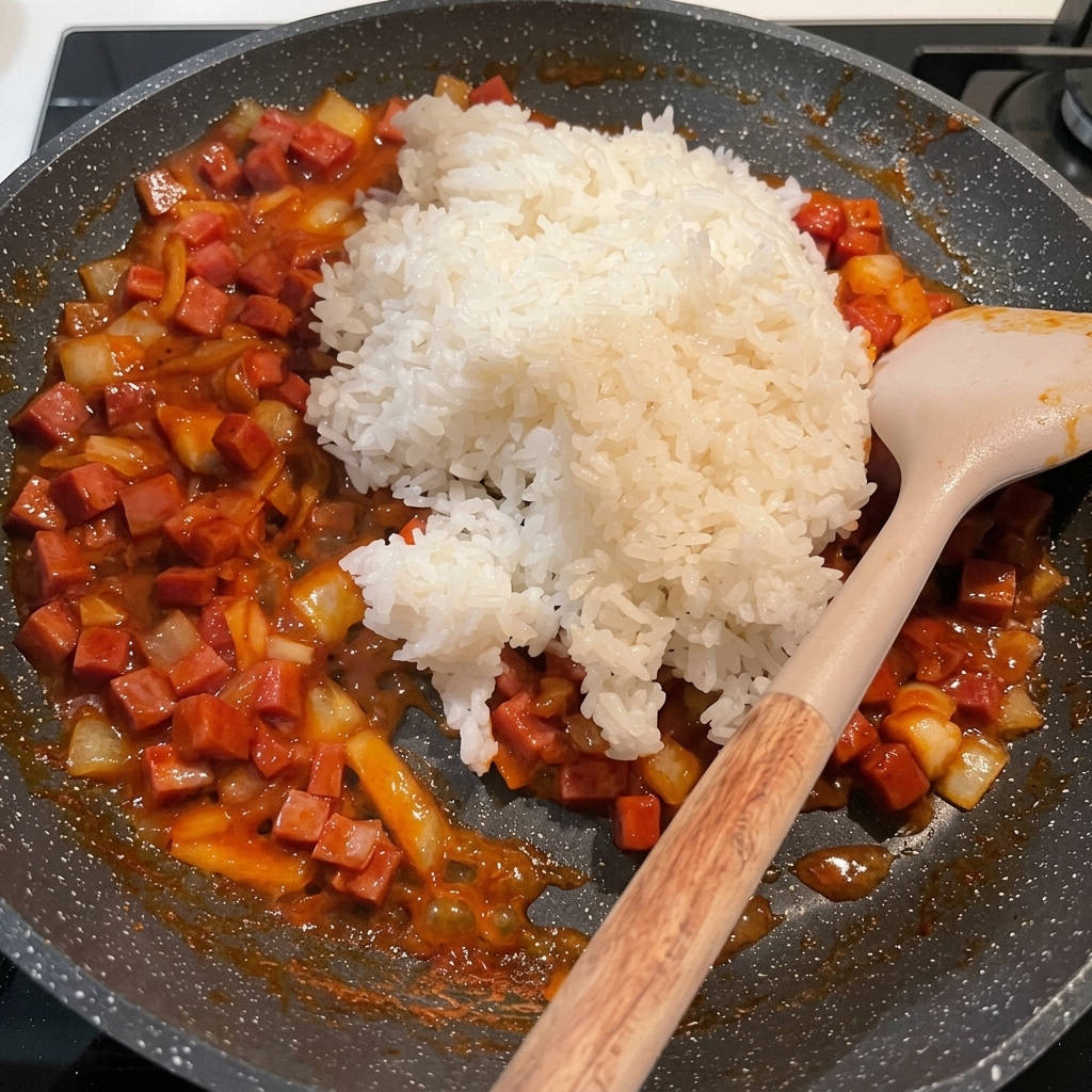 A mound of white rice placed on top of the cooked spam and onion mixture in a frying pan, ready to be stir-fried.
