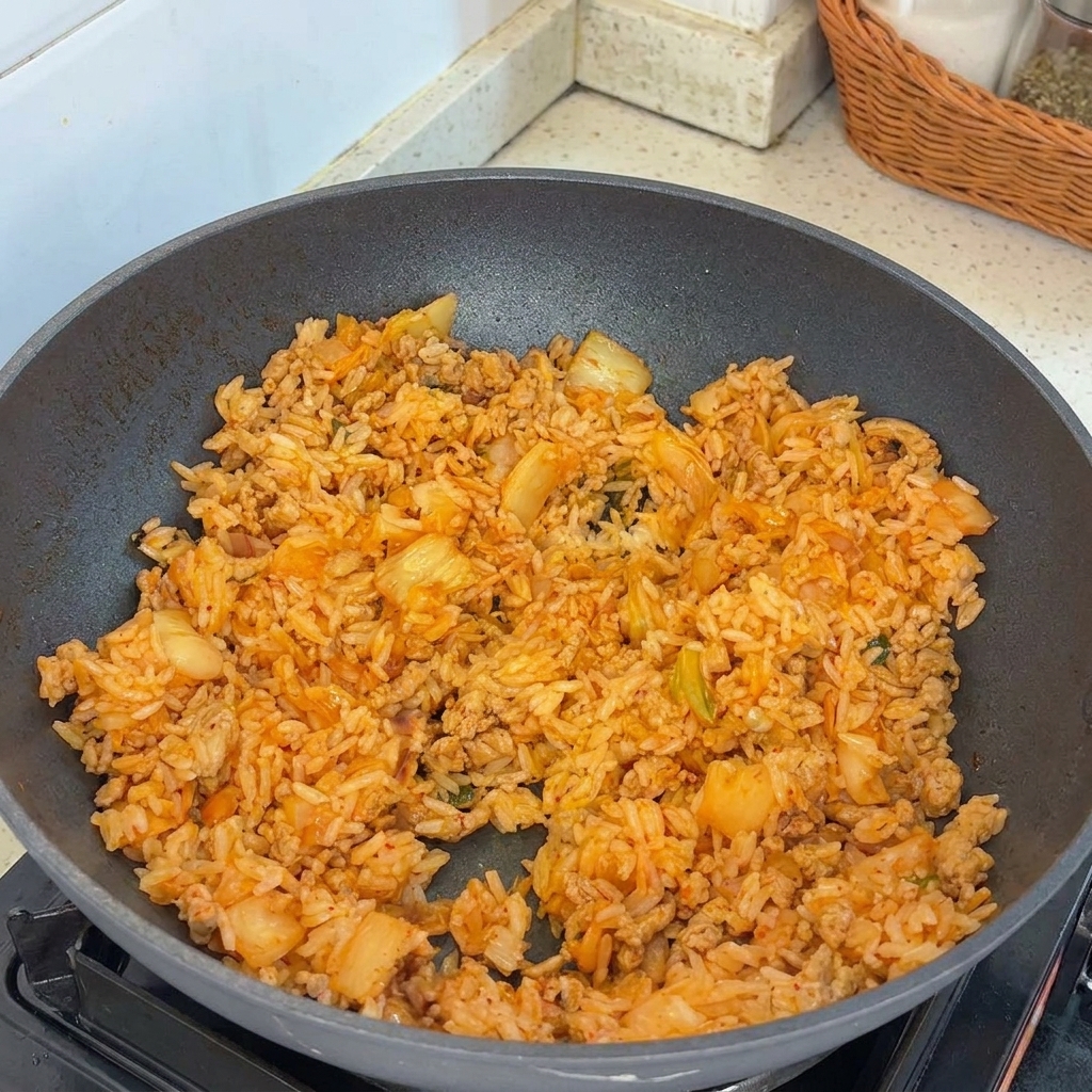 Light soy sauce being poured into a pan of stir-fried kimchi, pork, and rice, capturing the action of seasoning the dish.