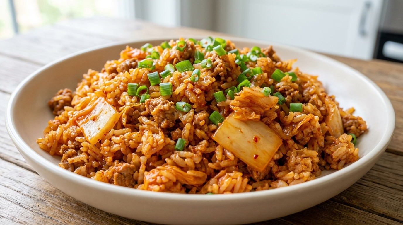 A plate of Kimchi Pork Fried Rice, topped with fresh scallions and savory ground pork.
