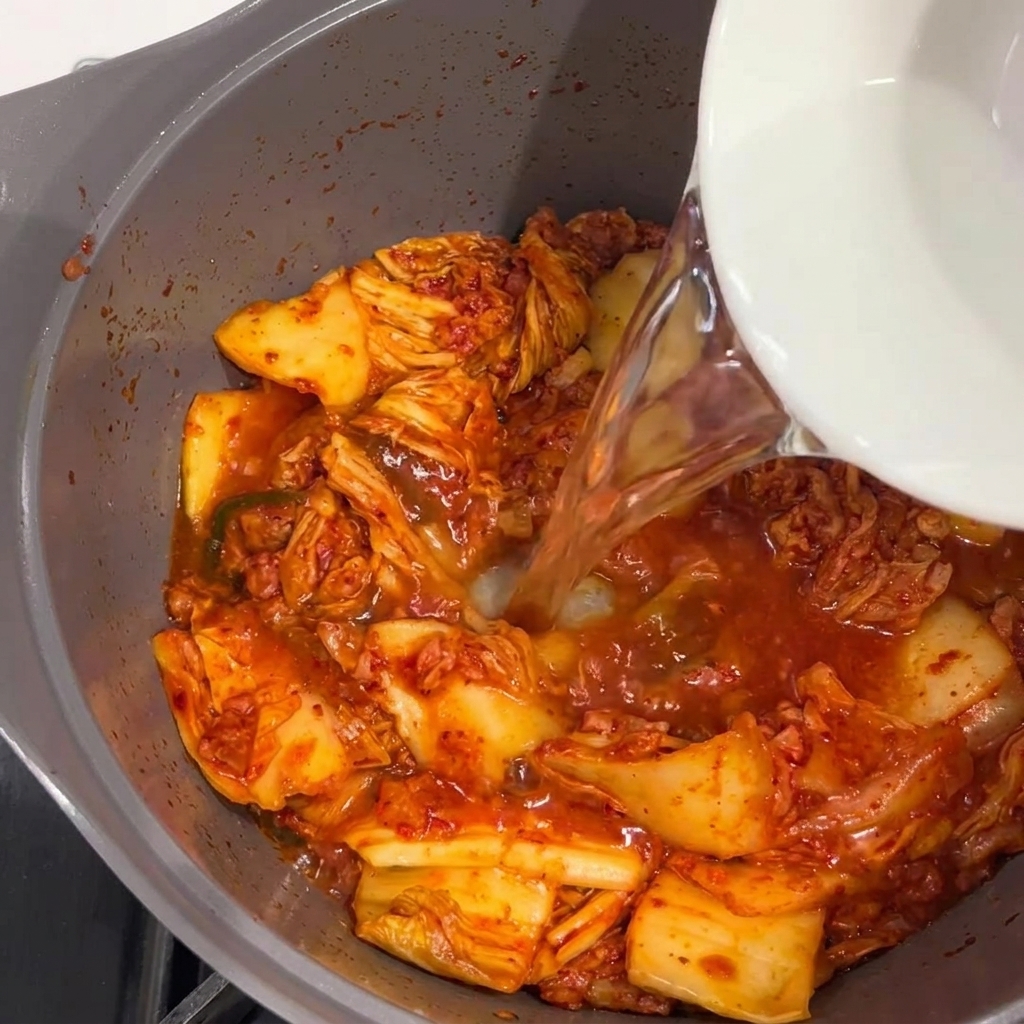 Clear water being poured into a pot containing a mixture of Spam and kimchi.