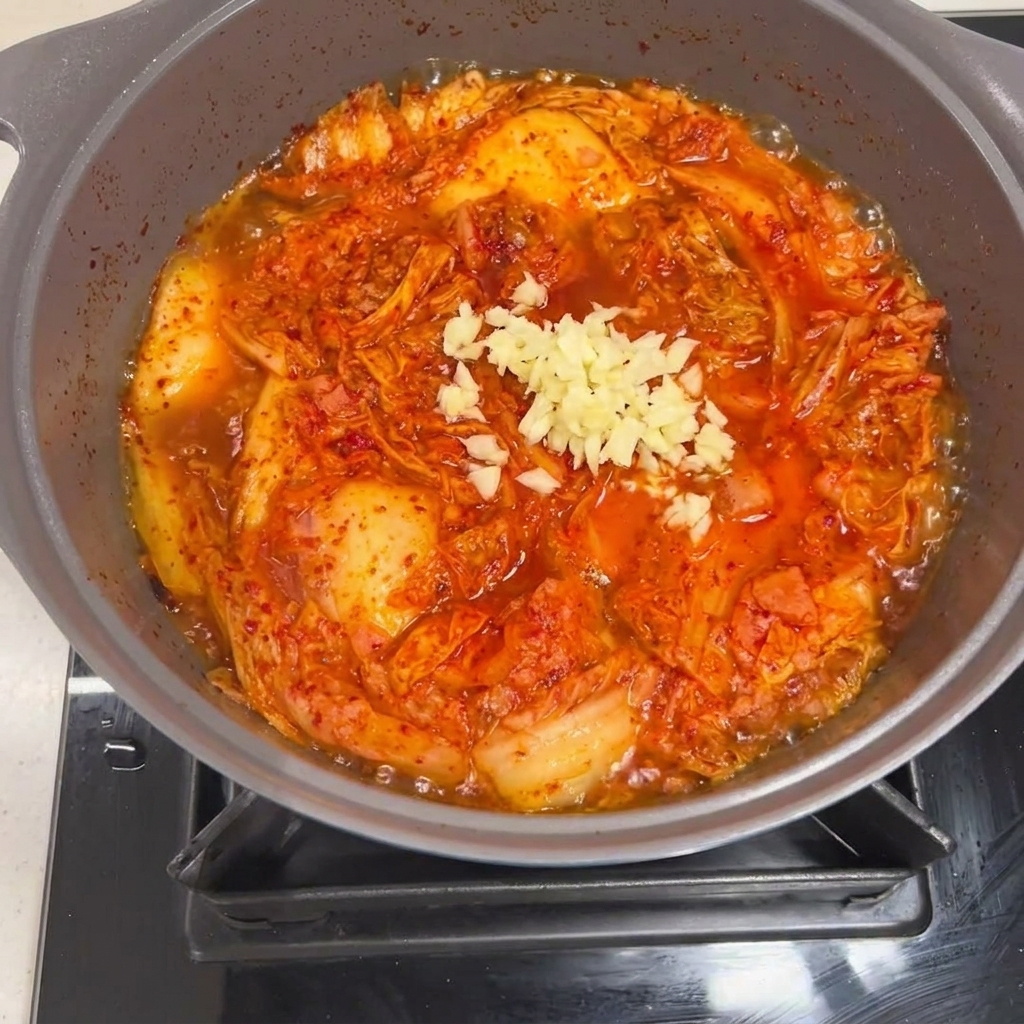 Minced garlic being added to a simmering stew of Spam and kimchi.