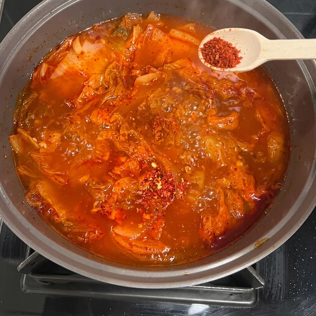 Light soy sauce and a spoonful of red chili powder being added to the stew.