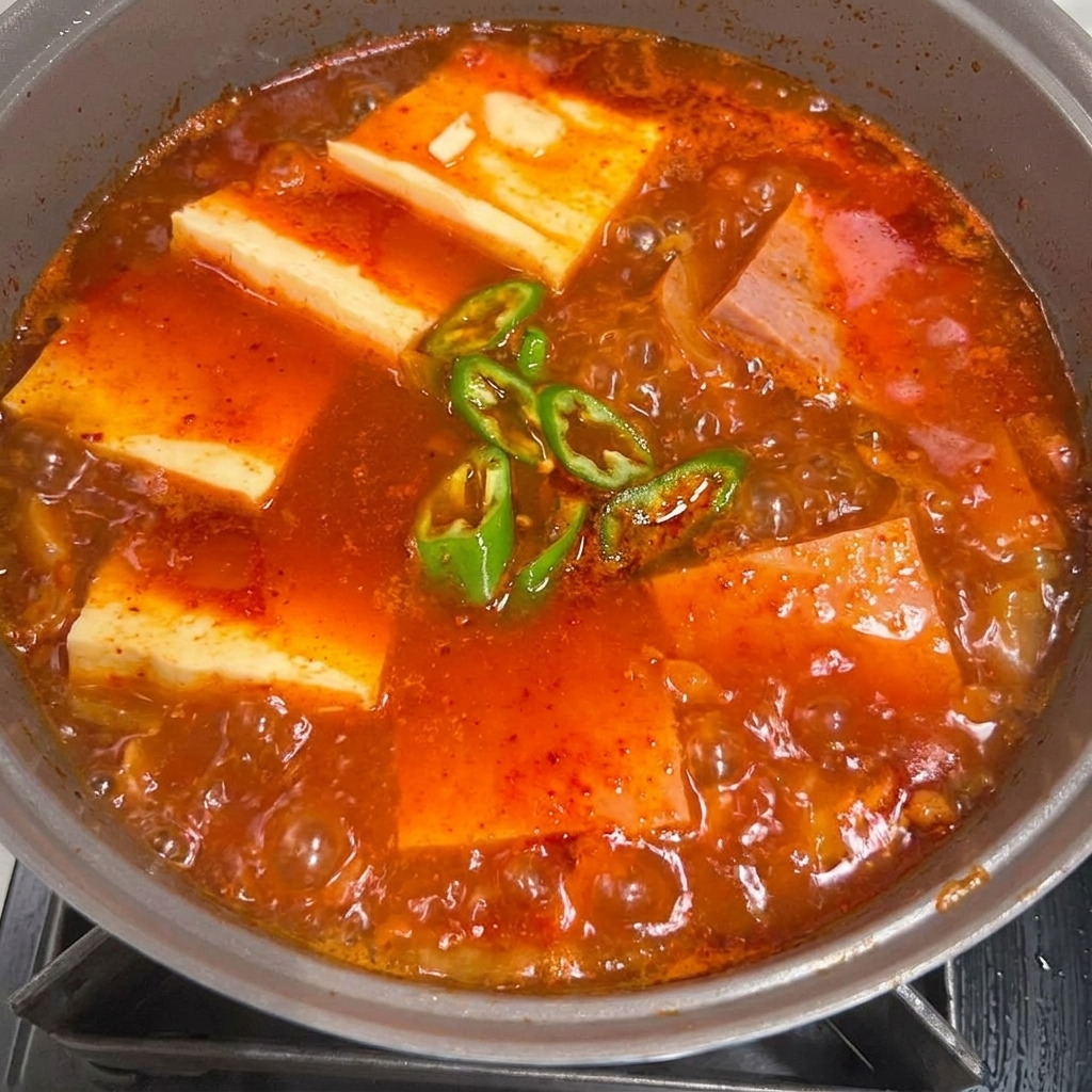 A hot pot of Spam Kimchi Stew topped with fresh green scallions and bright red chili slices.
