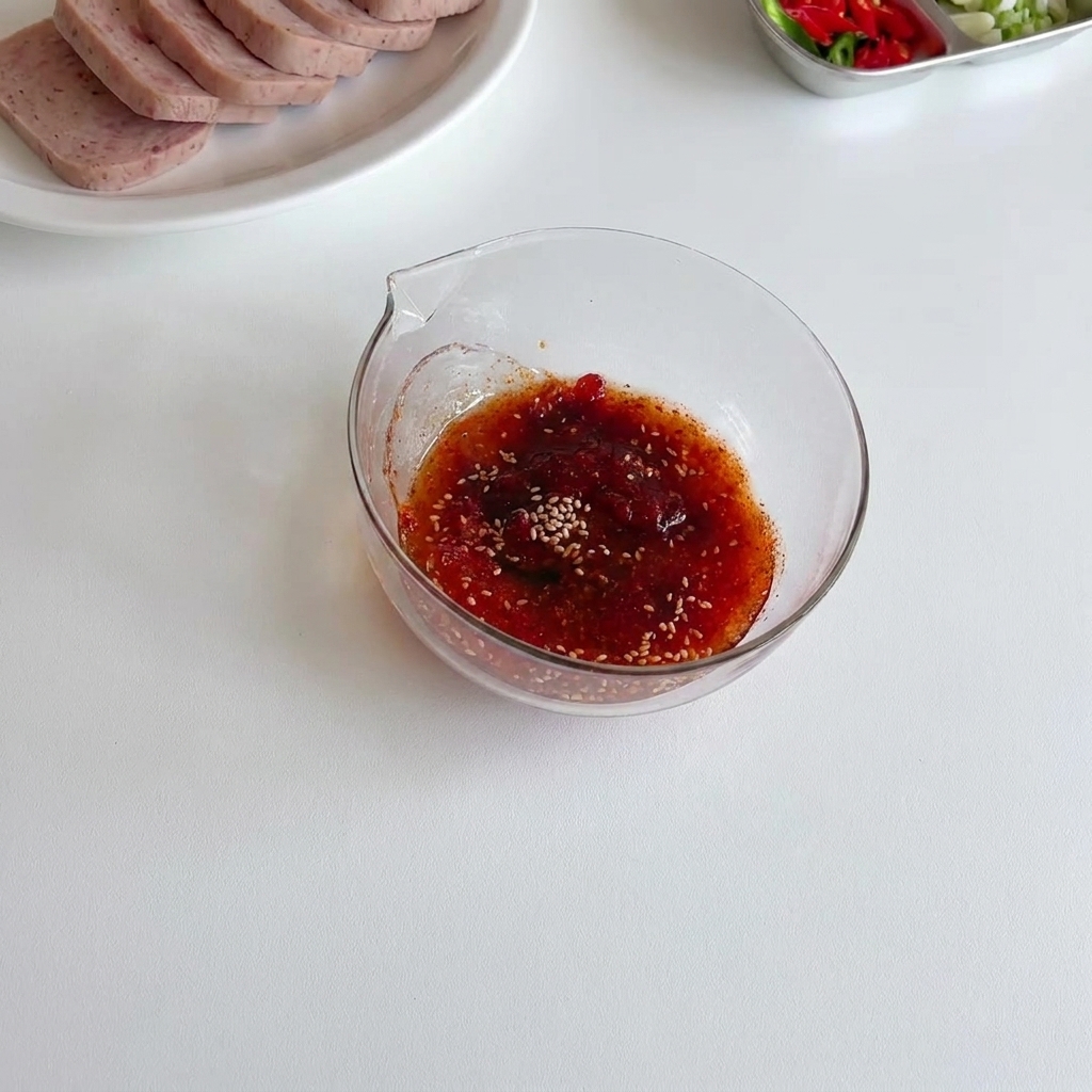 Measuring cup pouring fresh water into a glass bowl containing a vibrant red mixture of seasonings and Korean chili paste.