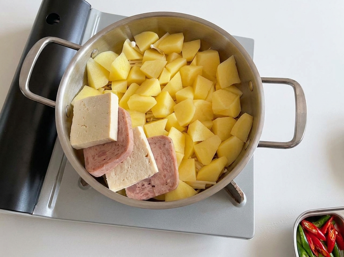 Thick slices of Spam and tofu blocks arranged in a circle over diced potatoes in a metal pan.