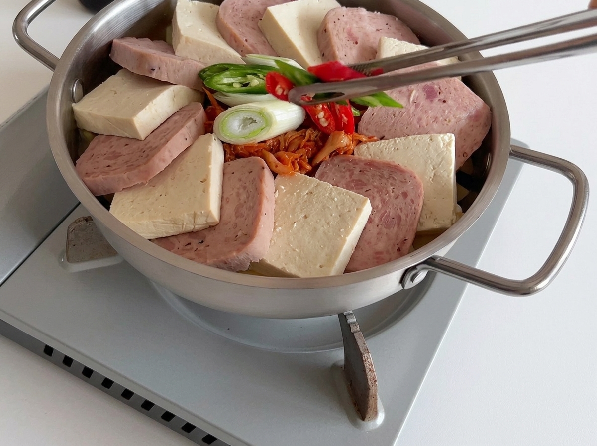 Tongs placing fresh red and green chili peppers into the center of a pot filled with Spam, tofu, kimchi, and scallions.