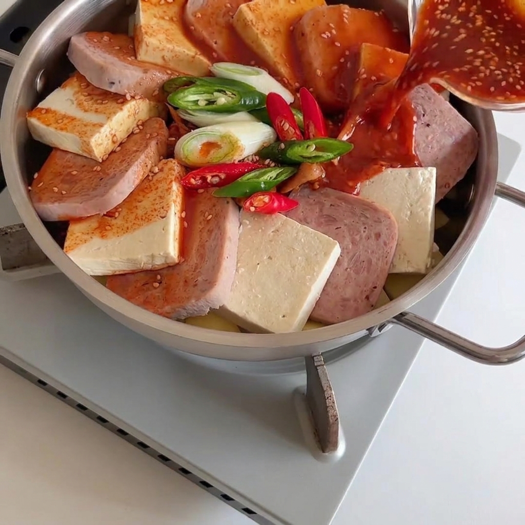 Pouring a rich red chili sauce from a small glass bowl over the Spam, tofu, and aromatics in the pan.