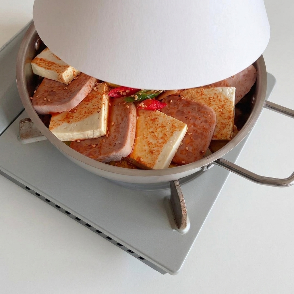 The pan covered with a conical lid, resting on the portable stove.
