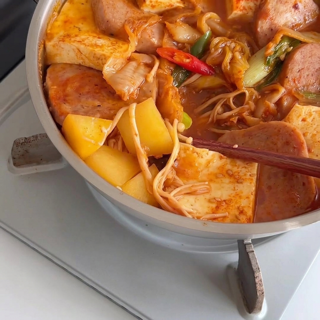 Chopsticks pulling up cooked enoki mushrooms in a pot of heavily boiling red stew surrounded by Spam and tofu.